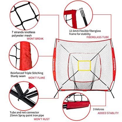 Storgem Baseball and Softball Practice Net 7×7ft Portable Hitting Pitching Batting Training Net Baseball Backstop Net with Batting Tee and Strike Zone and Bow Frame - color: Red