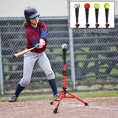 Baseball Tee Batting Tee Softball Tee Portable Travel Hitting Tee,Easy Adjustable Height,Stable Tripod Stand - color: Red