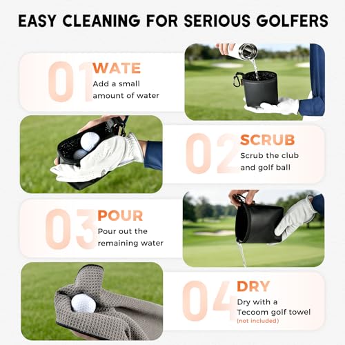 Golf Club and Ball Cleaning Bag with Waterproof Liner, Golf Ball Cleaner Pouch, Cleans Club Grooves and Balls, Detachable Clip, PU Leather Exterior, Golfer Gifts for Men