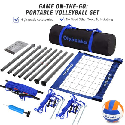 32ft Outdoor Portable Volleyball Net Set for Backyard Beach with Adjustable Heavy Duty Poles, 28-ply Durable Net, PU Volleyball & Pump, Carry Bag (Blue, 32ft)