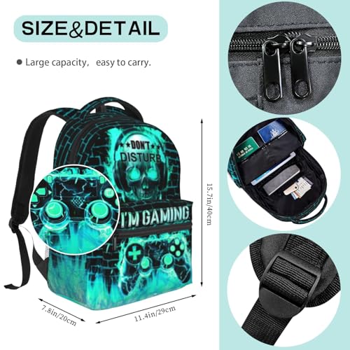 Video Game Backpack for Boys School Backpack for Kids Children Teens Elementary Middle School - Students Bookbag Ages 6-18, Waterproof Adjustable Game Bookbag Travel Daypack - color: Green Skull Game