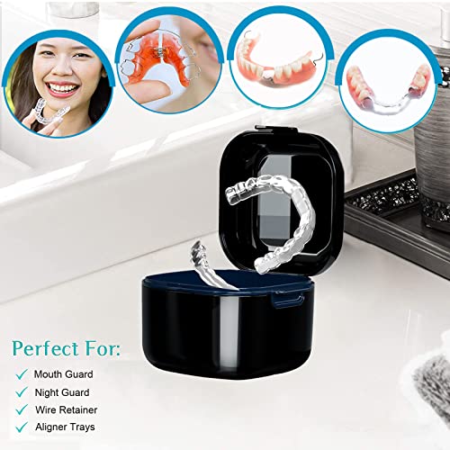 Denture Cup，Retainer Case,Cute Night Mouth Guard Box Holder, Storage Soak Container with Strainer basket for Travel Cleaning.(1 Pack,Black) - color: Black