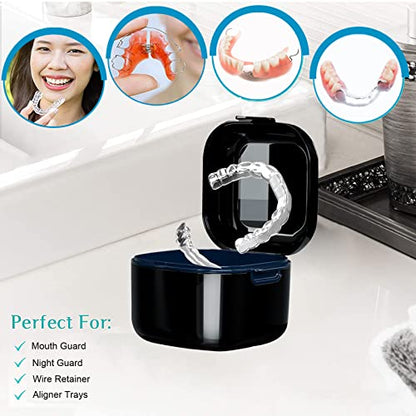 Denture Cup，Retainer Case,Cute Night Mouth Guard Box Holder, Storage Soak Container with Strainer basket for Travel Cleaning.(1 Pack,Black) - color: Black