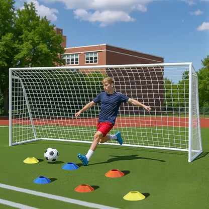 NAIZEA Soccer Goals - 24x8/21x7/18x7/12x6/16x7/10x6/8x6/6x4FT Soccer Goals for Backyard Training- Portable Metal Soccer Net for Youth & Adults - Heavy Duty Steel for Indoor Outdoor Games & Practice - size: 16ft x 7ft, style: Trainer-White/Steel