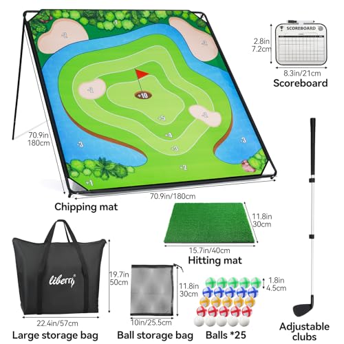 Liberry Golf Chipping Game with Large Chipping Mat, Upgraded Adjustable Golf Club, 25 Sticky Balls, Outdoor Indoor Sports Toy Gifts for Adults Kids, Family Yard Target Game - style: chipping mat with upgraded club
