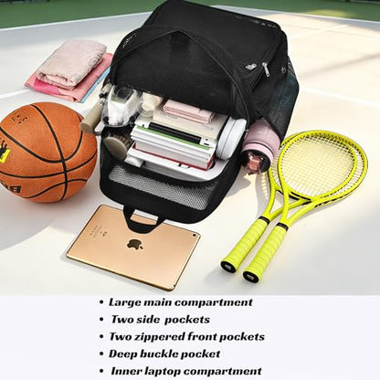 Metaverse Mesh Sports Backpack 20 Inch with Racket Holder for Men Women, Large Travel Gym Beach Backpack with Water Bottle Pockets, Breathable Comfort Shoulder Straps