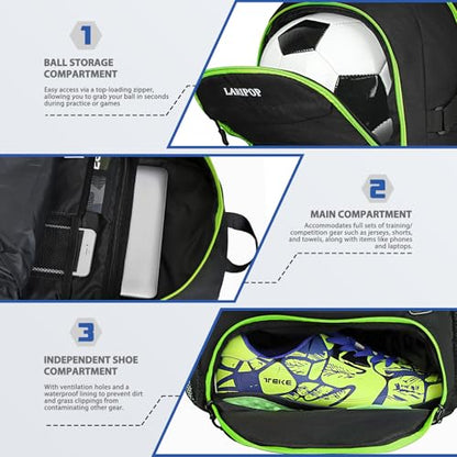 LARIPOP Soccer Backpack with Ball Holder & Shoe Compartment Large Capacity Youth Sports Bag for Training - color: Lemon Green