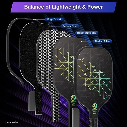 Pickleball Paddles Set of 4, USAPA Approved Carbon Fiber Pickle Ball Paddle (CHS), Polypropylene Honeycomb Core, Anti Slip Sweat Absorbing Grip, 4 Replacement Soft Grip, 6 Pickleball, Bag