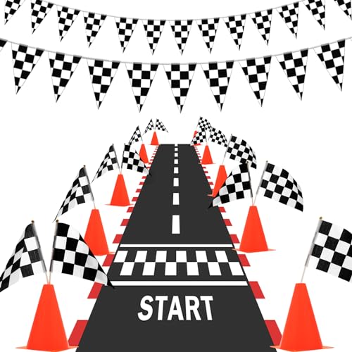 AHIER 38 Pcs Traffic Cones and Racing Flags Set - 12 Plastic Cones With Hole, 24 Checkered Flags With Sticks, 6.5Ft Racetrack Floor Runner and 9.8ft Race Track Banner