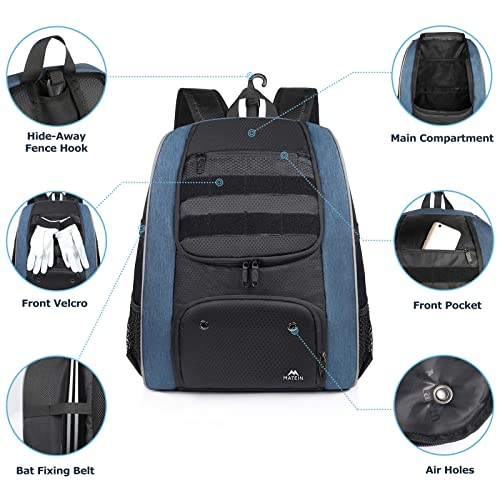 MATEIN Baseball Backpack, Lightweight Softball Bags with Shoes Compartment for Men, Large Capacity Baseball Bag Gifts for Adults with Fence Hook Hold 4 Tee Ball Bats, TBall Gear, Helmet