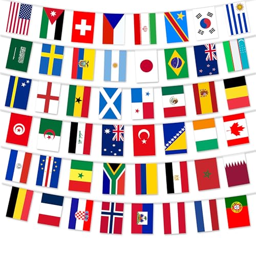 1 Pack 49ft World Soccer 2026 Cup String Flags, 48 Participating Countries Bunting Banner, Double Sided Football Decorations for Backyard, Room, School, Bar, Street World Soccer 2026 Cup Flags