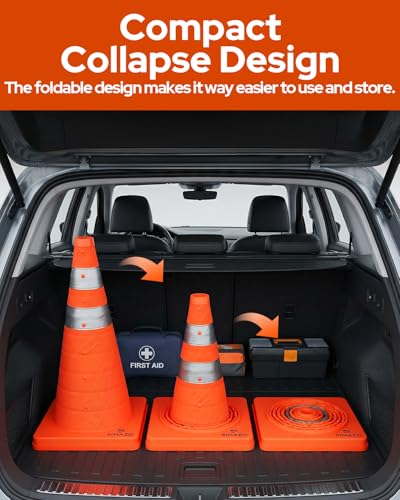 2 Pack 28 Inch Collapsible Traffic Safety Cones, Orange Pop Up Cones with Reflective Collar, Multi Purpose Road Cones for Road Safety, Parking Lot, Driving and Sport Training - size: 28 Inch