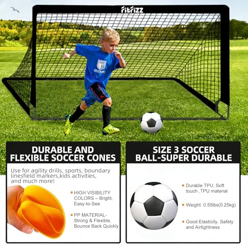 Soccer Goal, Soccer Goals for Backyard, 6x4ft Portable Pop Up Soccer Net Set, Soccer Training Equipment with Soccer Ball, Ladder and Cones - color: Black