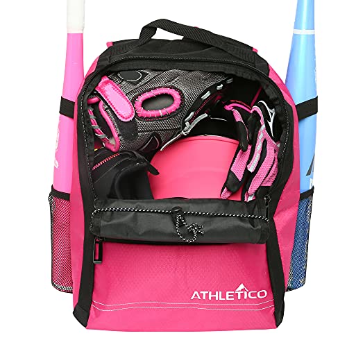 Athletico Youth Baseball Bag - Bat Backpack for Baseball, T-Ball & Softball Equipment & Gear | Holds Bat, Helmet, Glove | Fence Hook - color: Pink