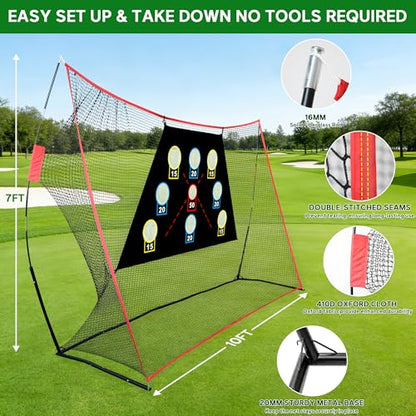 Professional Golf Net, 10x7Ft Golf Practice Hitting Net with Scoring Target Cloth, Tri-Turf Mat, Balls, Tee, Carring Bag, Scorecard, Portable Hitting Nets for Backyard Traning Chipping Indoor Outdoor
