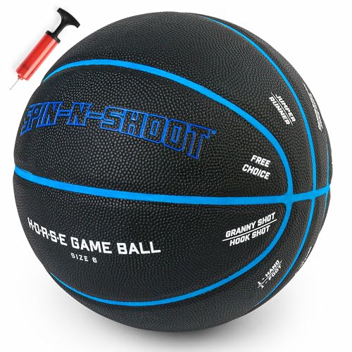 Spin-N-Shoot Basketball, Horse Game Ball with Gameplay Instructions, Indoor Outdoor Basketball for Women Boys and Girls, Official Size 6 (28.5''), Pump and Needle Included