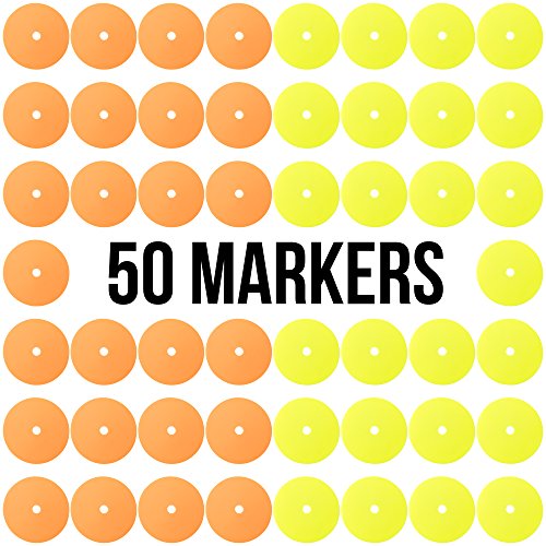 Crown Sporting Goods 6" Non-Skid Floor Spot Markers: Set of 50 Agility Training Flat Field Cones in Fluorescent Yellow & Orange with Metal Carrying Stand