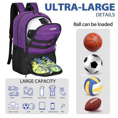 LARIPOP Soccer Backpack with Ball Holder & Shoe Compartment Large Capacity Youth Sports Bag for Training - color: purple