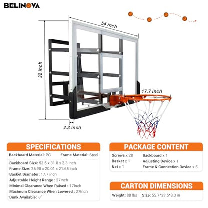54" Basketball Hoop Wall Mount Adjustable-Height Backboard and Rim Indoor Outdoor Full Size Regulation Basketball Goal Wall Mounted for Gyms Garages Schools
