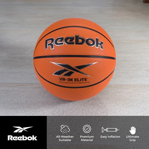 Reebok Hi Vis Elite Basketball, Official Size, Composite Leather, Anti-Slip Grip, Consistent Shape Retention, Includes Pump & Needle, VR-3K Series - color: Orange