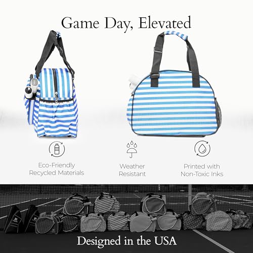 Pik’le’Ball Sport Premium Women's Pickleball Bag – Stylish and Versatile Sports Bag with Water Bottle Holder, Padded Paddle Pocket, and Spacious Design (fits 2+ Paddles!) - color: Stylish Stripe Blue