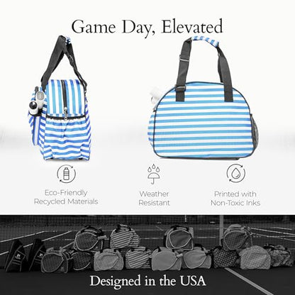 Pik’le’Ball Sport Premium Women's Pickleball Bag – Stylish and Versatile Sports Bag with Water Bottle Holder, Padded Paddle Pocket, and Spacious Design (fits 2+ Paddles!) - color: Stylish Stripe Blue