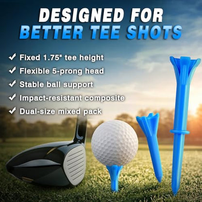 150 Pack Mixed Sizes (3-1/4"x100 & 1-1/2"x50) 5-Prong Golf Tees – Ultra-Stable & Low-Resistance Design for Longer Drives Plastic Golf Tees