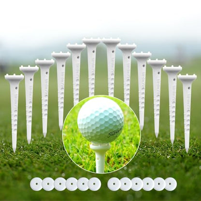 BIRDIE79 Big Easy White Golf Tee Set – 0.75" Big Head 3.25" Adjustable Height Tees, Reinforced Break-Resistant Construction, 6-Prong Low-Friction Design, Silicone Stoppers (12 Tees + 12 Stoppers).