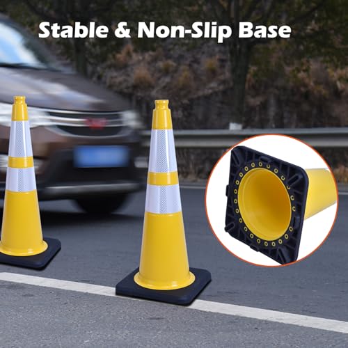 4 Pack 28 Inch Yellow PVC Traffic Cones Black Base Stable Flexible, Road Safety Construction Zone Crowd Control Parking Safety Cones (4, Yellow, 28 Inch) - color: Yellow, size: 28 Inch