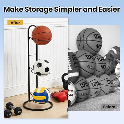 3 Tier Ball Storage Rack, Metal Freestanding Ball Display Holders Organizer Shelf, Garage Sports Equippment Stand, Black