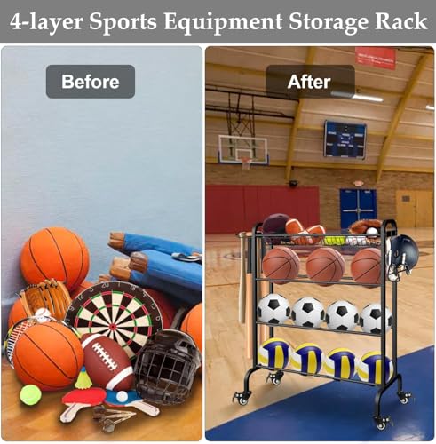 Ball Rack Organizer with Wheels, 4Tier-Rolling Basketball Racks Holder for Balls, Sports Equipment Storage Stand Organizer for Basketball, Football, Soccer and Volleyball, Black