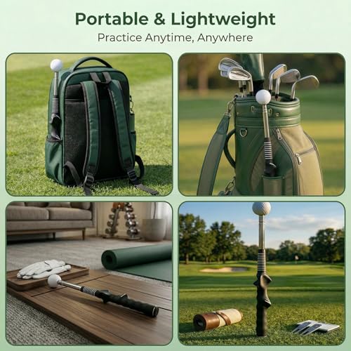 Retractable Golf Swing Trainer and Grip Trainer, Warm Up Swing Aid with Flexible Head, Includes Arm Band, Grip Correction & Swing Click Feedback, Gifts for Beginners and Advanced Golfers