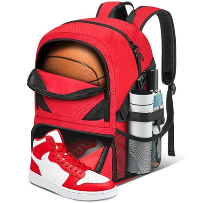 Basketball Bag Backpack with Ball & Shoes Compartment for Soccer Ball Volleyball Football, Large Sports Bag Backpack - color: Red