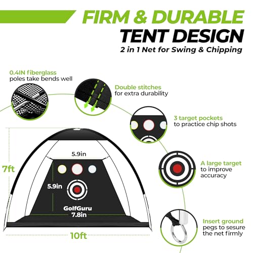 Golfguru All in 1 Golf Practice Net - 10x7ft Tri-Turf Mat, Impact Target, 10 Balls, 7 Tees, Carry Bag for Backyard Driving Chipping Indoor