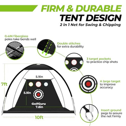 Golfguru All in 1 Golf Practice Net - 10x7ft Tri-Turf Mat, Impact Target, 10 Balls, 7 Tees, Carry Bag for Backyard Driving Chipping Indoor