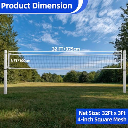 Professional Heavy Duty Volleyball Net - RAINFLOW Outdoor Volleyball Nets with Aircraft Steel Cable, 32x3ft Volley Ball Net for Backyard,Pool,Beach, Badminton/Pro Volleyballnets Set(Net Only)