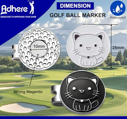 Adhere Golf Ball Markers Personlized Double Side Cute cat Logo Enamel with A Magnetic Hat Clips,A Premium Golf Gifts. - color: F-Cute White+Black Cat