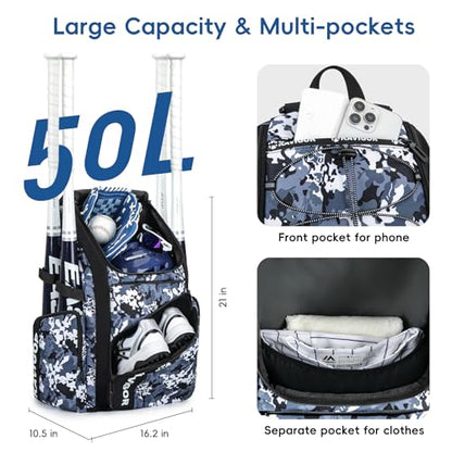 KAVIGOR Baseball Bag for Youth and Adult, Softball Bag 50L Large Capacity Holds 4 Bats, Equipment Backpack with Shoes Compartment