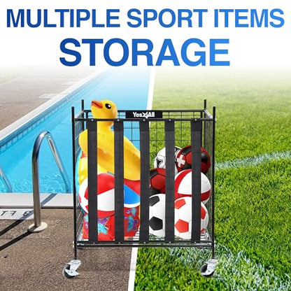 YES4ALL Rolling Ball Cart Storage with Lockable Wheels Volleyball Basketball Holder, Toy Balls Bin, Garage Cage, Storage Racks, Sports Equipment Organizer, Ball Rack for Outdoor Indoor Use