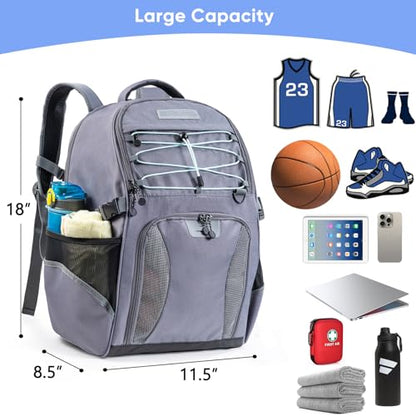 Basketball Bag Backpack with Ball Compartment & Shoe Pocket – Gym Bag for Basketball, Soccer, Football, Volleyball – Large Capacity Athletic Backpack for Youth & Adults, Basketball Gifts - color: Grey