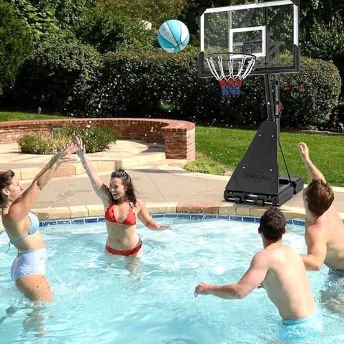 GYMAX Basketball Hoop, 4.9-10 FT Height Adjustable Basketball Goal with 44 Inch PC Backboard, Rebound Plate & Wheels for Kids Teens Adults, Portable Basketball Hoop for Indoor & Outdoor