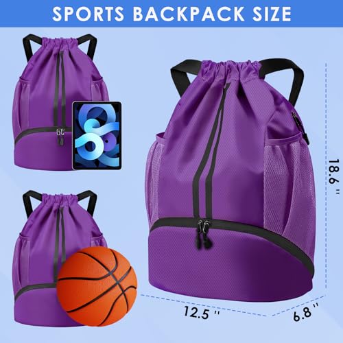 BROTOU Soccer Bags, Football Backpack, Volleyball Bag, Drawstring Backpack with Ball and Shoe Compartment, Football bags for Equipment Swim Gym Bag - color: Dark Purple