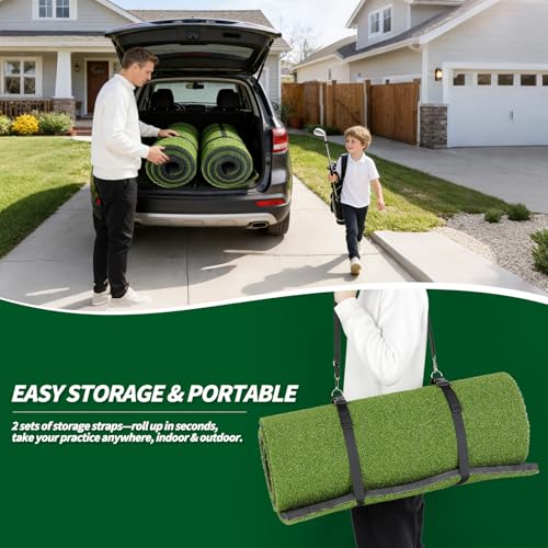 5x5ft Golf Hitting Mat for Indoor and Outdoor Practice, High-Elasticity Golf Practice Driving Range Turf Mat, Convertible 2-in-1 Golf Hitting & Putting Mat for Garage Simulator Training