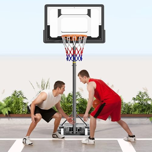 SogesHome Adjustable Height Basketball Hoop Stand 5.1ft-8.5ft, Portable Indoor & Outdoor Basketball Goal System for Teens & Adults with 33 Inch PC Backboard and Wheels in The Backyard, Driveway
