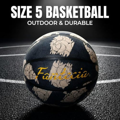 Size 5 Basketball, Rubber Indoor Outdoor Basketball for Youth & Junior Players, Black with Circle Line Pattern