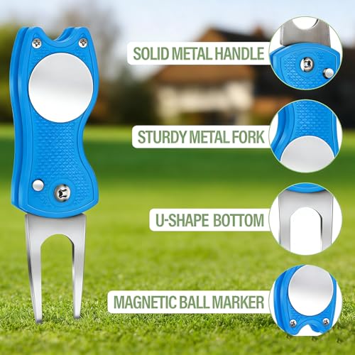 Golf Divot Repair Tool, All Metal Foldable Divot Tool with Pop-up Button & Magnetic Ball Marker, Mini Divot Repair Tool, Best Choice for Professional Golfers