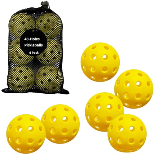 6 Pack Pickleball Balls for Outdoor & Indoor, 40-Holes Practice & Game Pickle Balls with Mesh Bag, High Visibility - color: Yellow - 6 Pack
