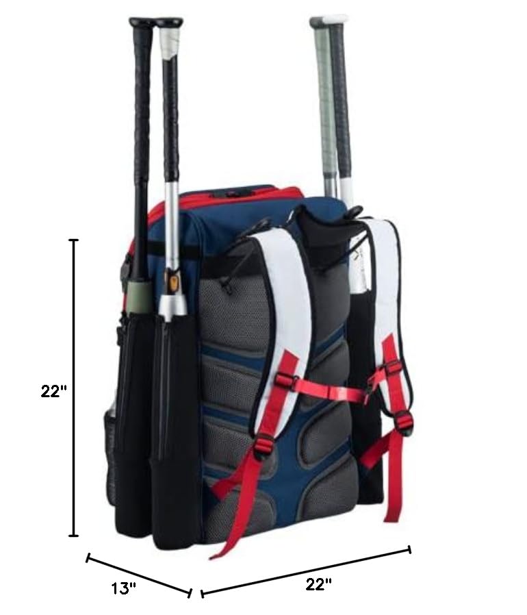 Tournament Backpack Baseball Bag, Large Capacity Bat Holder, Softball Bag with Shoe Compartment and Fence Hook, Red/White/Blue