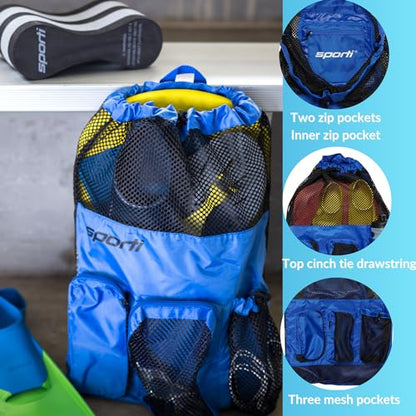 Sporti Swimming Equipment Bag Zipper Pocket, Mesh Drawstring Backpack, Drawstring Bags, Big Mesh Backpack for Workout Gear - color: Equipment - Purple, style: 4. Two Shoulders & Pockets