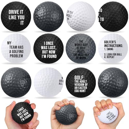 RoundFunny 12 Pcs Mini Golf Stress Balls - 2.5 Inch Squeeze Foam Balls for Father‘s Day Gifts, Sports Stress Relief, Golf Club Prizes, Party Favors, Office(Black, White, Gray)